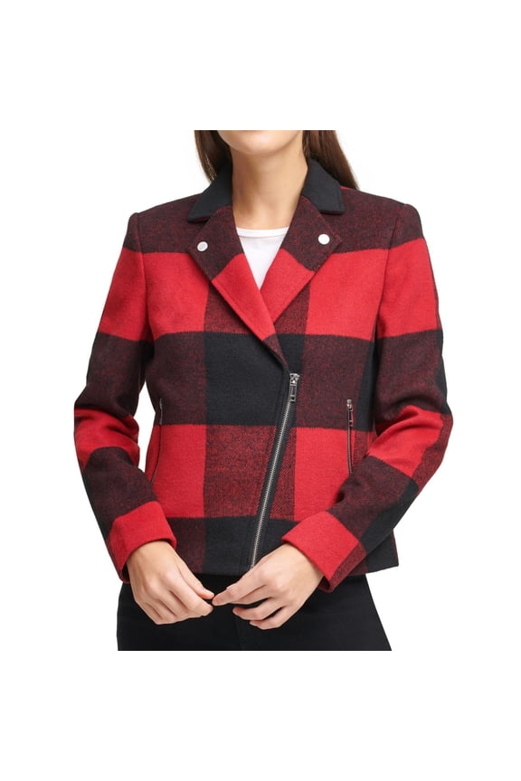 Womens Plaid Motorcycle Jacket, Red, X-Small