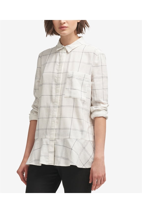 Womens Plaid Peplum Button-Up Shirt Size L