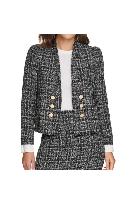 Womens Plaid Six Button Jackets & Blazers, Black, Petite, 6P