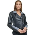 thumbnail image 1 of DKNY Womens Mixed Media Motorcycle Jacket, Blue, 6, 1 of 2
