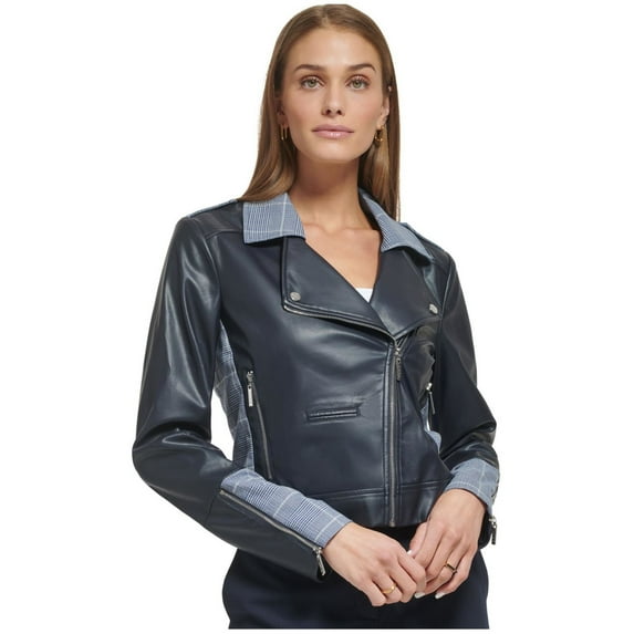 DKNY Womens Mixed Media Motorcycle Jacket, Blue, 6