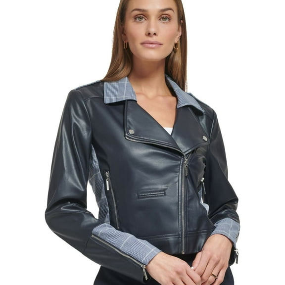 DKNY Womens Mixed Media Motorcycle Jacket, Blue, 16