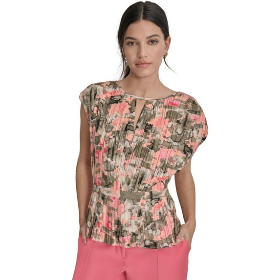 DKNY Womens Pleated Floral Peplum Blouse, Pink, Large