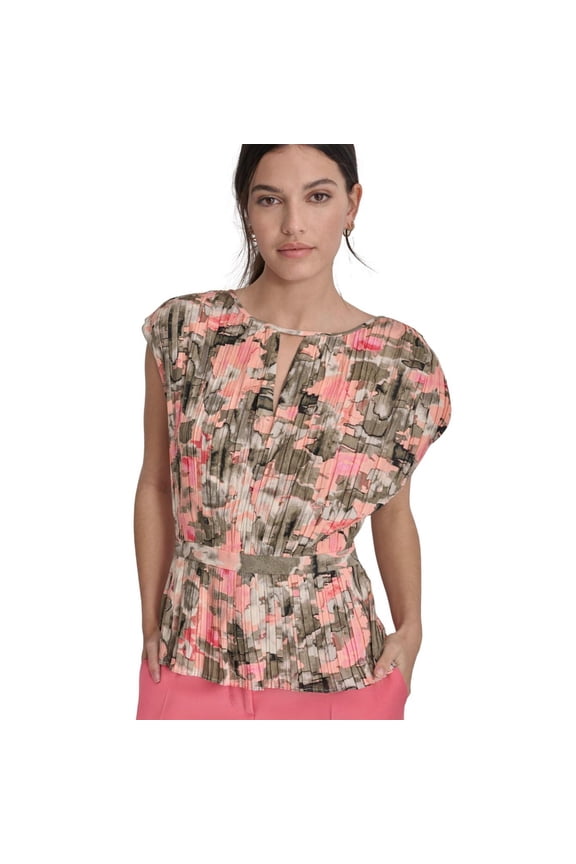 Womens Pleated Floral Peplum Blouse, Pink, Medium