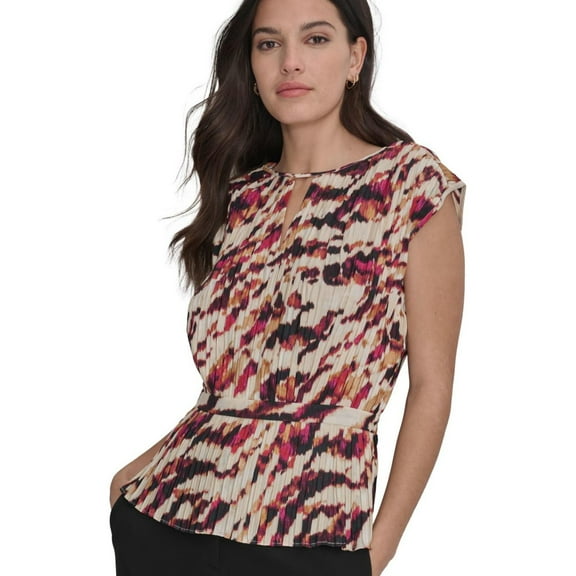 DKNY Womens Printed Pleated Peplum Blouse, Multicoloured, Small