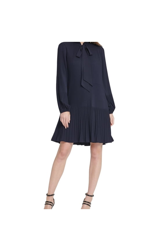 Womens Pleated Peasant Dress, Blue, 4