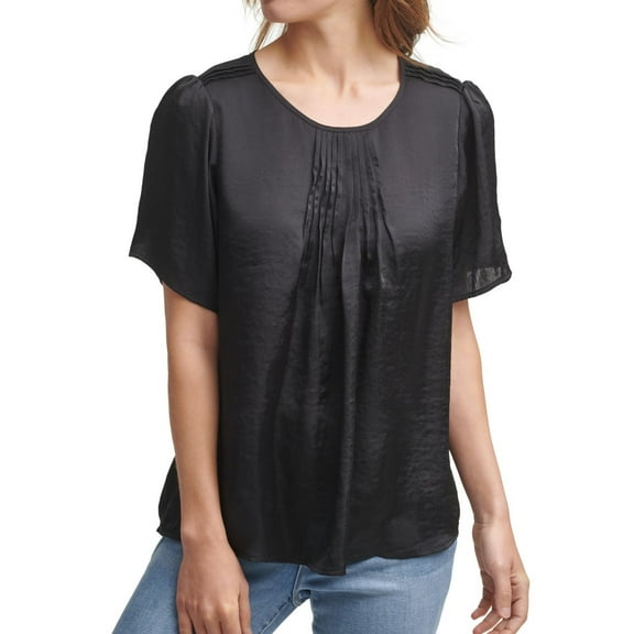 DKNY Womens Pleated Pullover Blouse, Black, Large