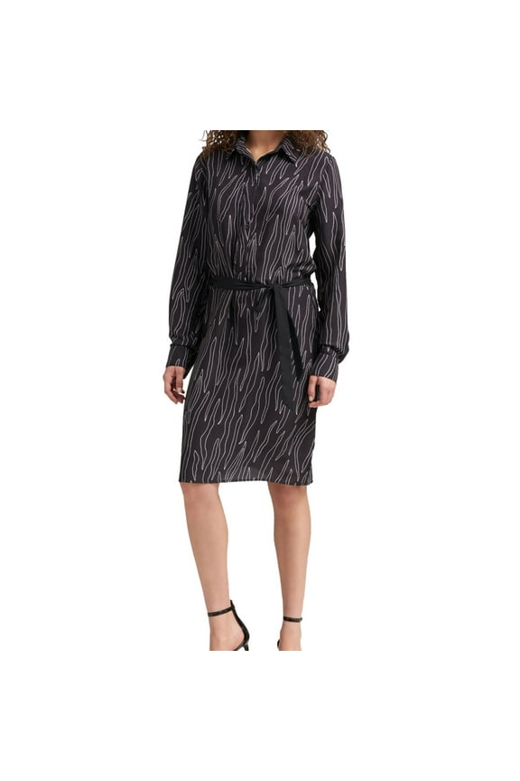Womens Printed Shirt Dress, Black, X-Small