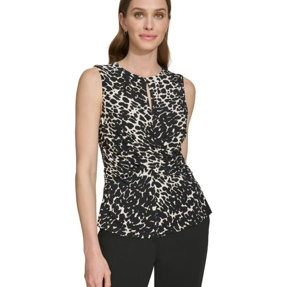 DKNY Womens Printed Sleeveless Tunic Blouse, Black, Small