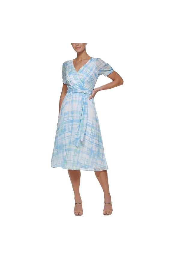 Womens Puff Sleeve Plaid Midi Dress Blue 14