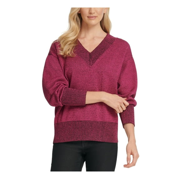 DKNY Womens Purple Ribbed Shimmered Long Sleeve V Neck Sweater Size: L