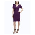 thumbnail image 1 of DKNY Womens Purple Stretch Pleated Zippered Unlined Scuba Crepe Pouf Sleeve V Neck Above The Knee Wear To Work Sheath Dress 12, 1 of 2