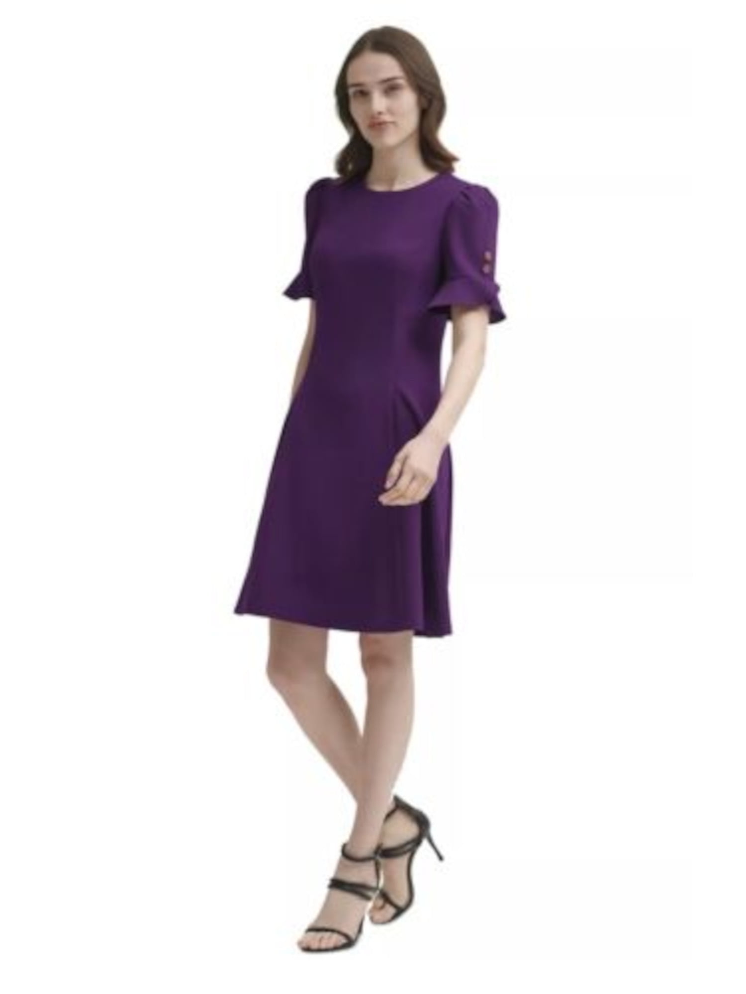 Short Sleeve Dress DKNY Women's Knot Neck Detail Short Puff Sleeve Dress -  Sheath Style Scuba Crepe Midi Dress For Work Or Casual Wear Dkny Dresses