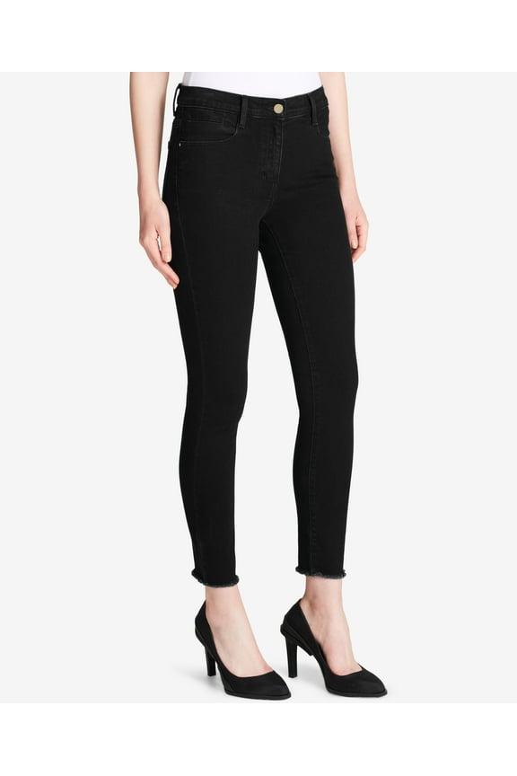 DKNY Womens Raw Hem Mid-Rise Flare Jeans Black 28