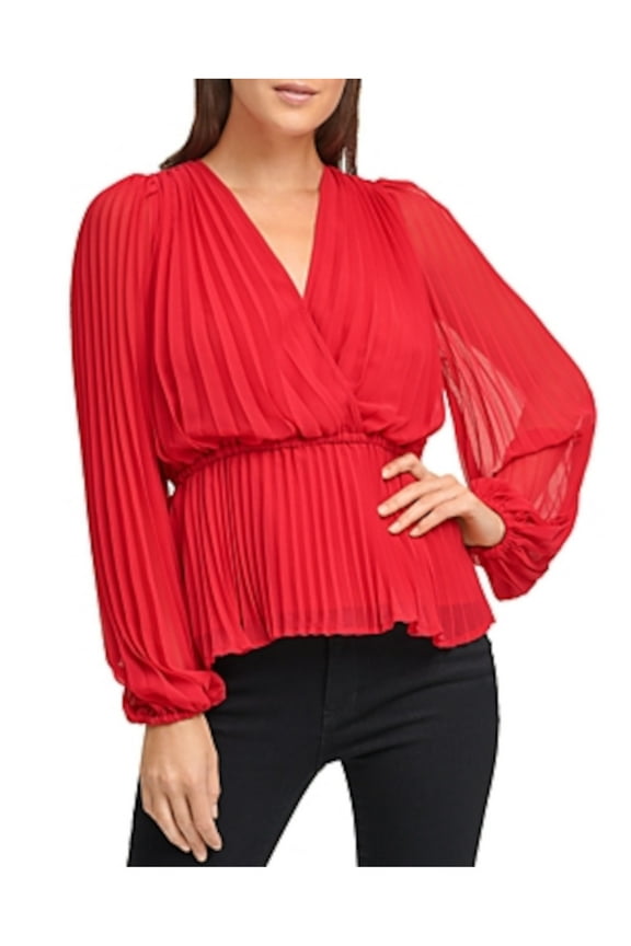 Womens Red Long Sleeve Surplice Neckline Peplum Party Top Size: S