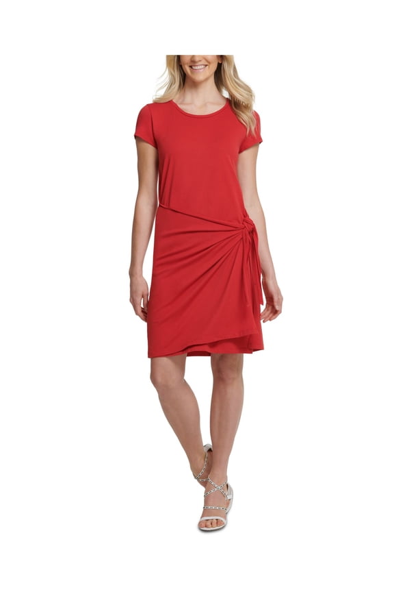Womens Red Short Sleeve Jewel Neck Knee Length Sheath Wear To Work Dress Size S