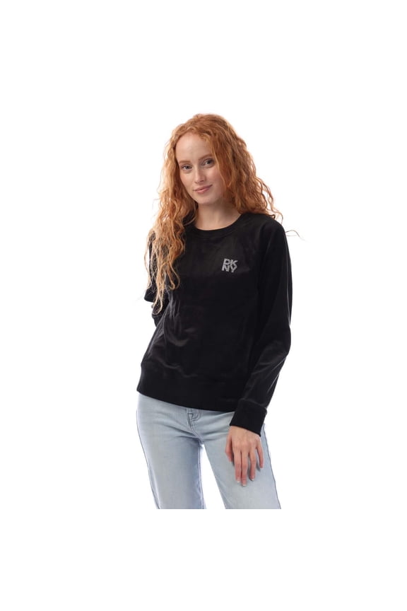 Womens Rhinestone Velour Crew Neck Sweatshirt