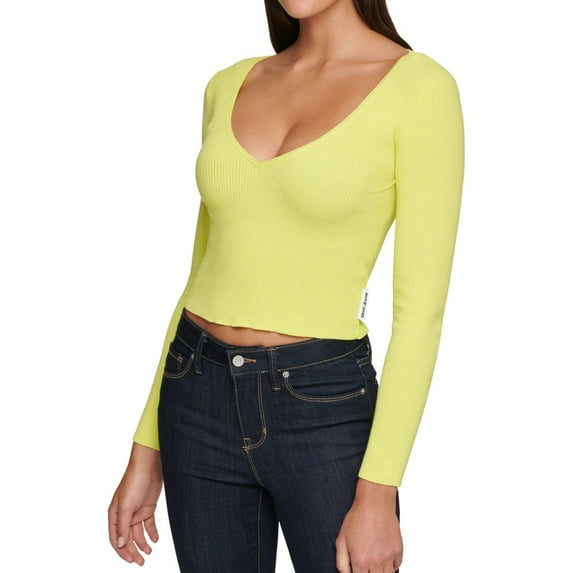 DKNY Womens Ribbed Pullover Sweater, Yellow, Small