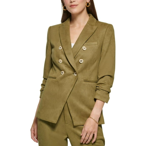 DKNY Womens Ruched Faux Suede Double-Breasted Blazer