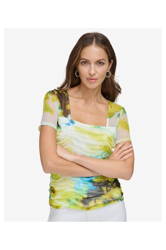 Womens Ruched-Front Knit Blouse, Multicoloured, Small