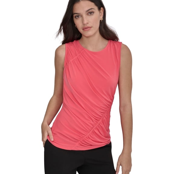 DKNY Womens Ruched Side Sleeveless Knit Blouse, Pink, X-Large