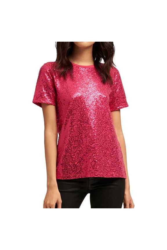 Womens Sequin Embellished T-Shirt, Pink, XX-Small