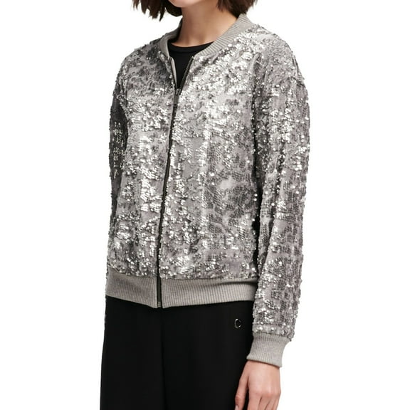 DKNY Womens Sequined Bomber Jacket, Grey, X-Small