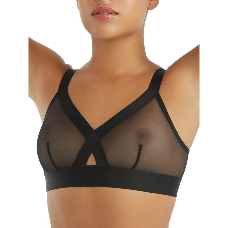 DKNY DOUBLE LAYER ONE SHOULDER MESH COMBO BRALETTE, Black Women's Athletic  Tops