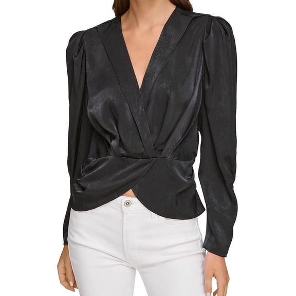 DKNY Womens Surplice Peplum Top Pullover Blouse, Black, X-Small