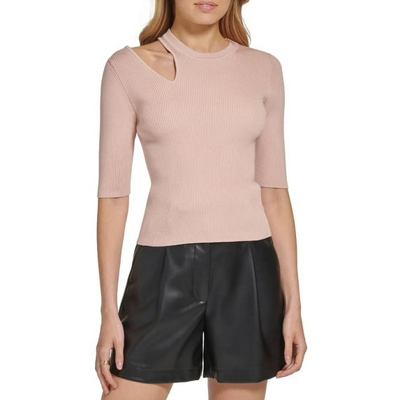 DKNY Womens Shoulder Cut-Out Ribbed Pullover Top