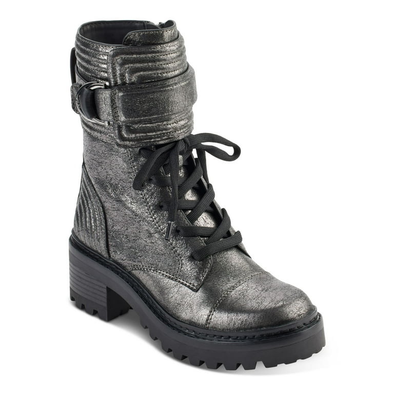 DKNY Womens Silver Buckle Accent Metallic Basia Round Toe Block Heel Zip-Up  Leather Combat Boots 7.5 M