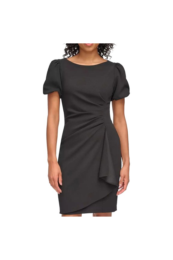 Womens Solid Pleated Cocktail Dress, Black, Petite, 0P
