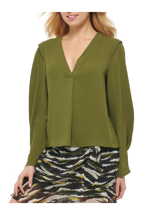 Womens V Neck Balloon Sleeve Top Moss S