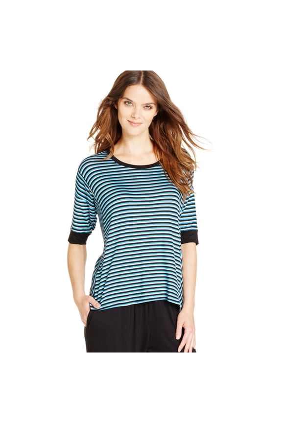 Womens Striped 3/4 Sleeve Pajama Sleep T-shirt, Blue, X-Small