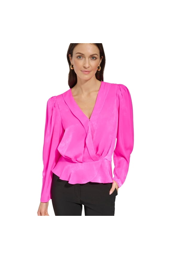 Womens Surplice Peplum Top Pullover Blouse, Pink, X-Large