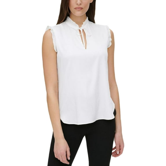 DKNY Womens Tie Neck Flutter Sleeve Blouse White XL