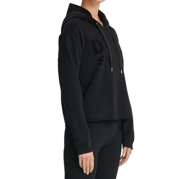 DKNY Womens Velour Logo Fleece Hoodie,Black,X-Small
