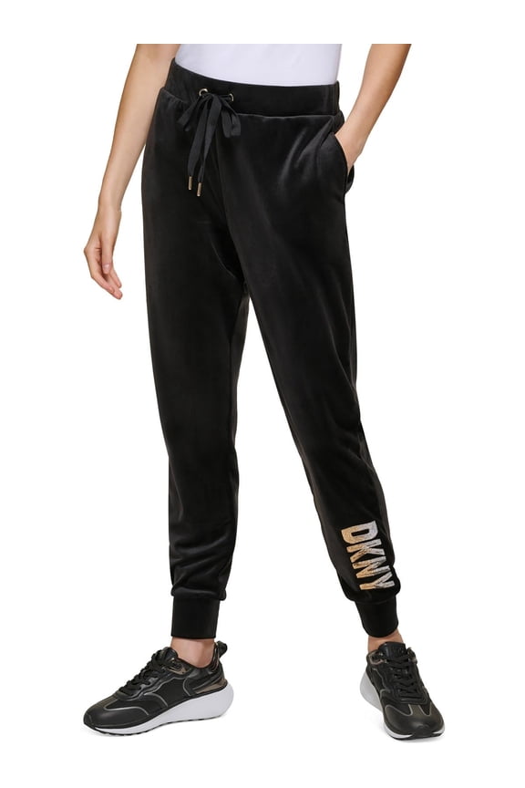 Women's Velour Sequined-Logo Tie-Waist Pants Black/Gold XS