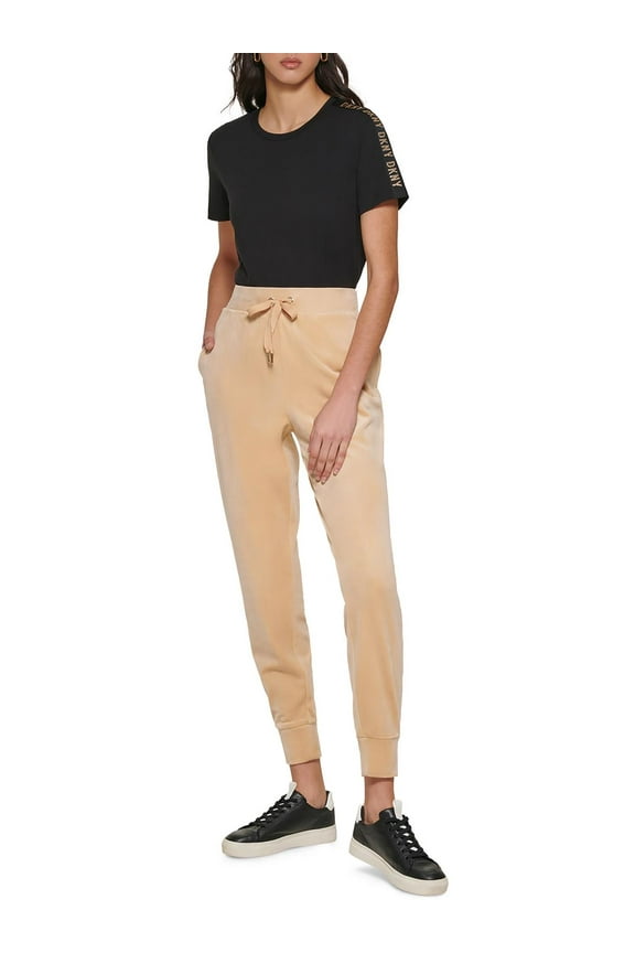 Women's Metallic Logo Trim Velour Jogger Pants Palamino/Gold M