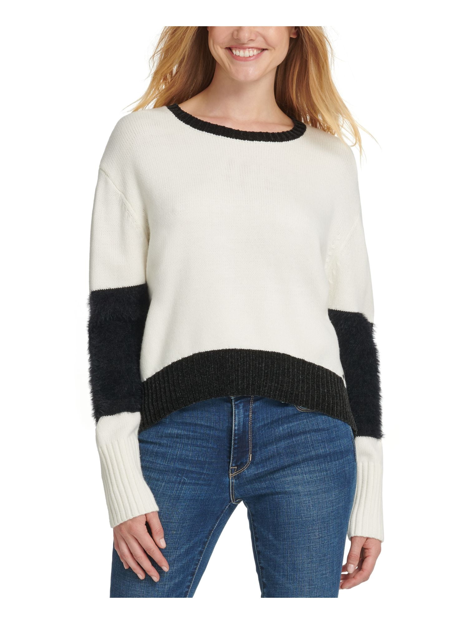 DKNY Womens White Color Block Long Sleeve Crew Neck Blouse Sweater Size XS