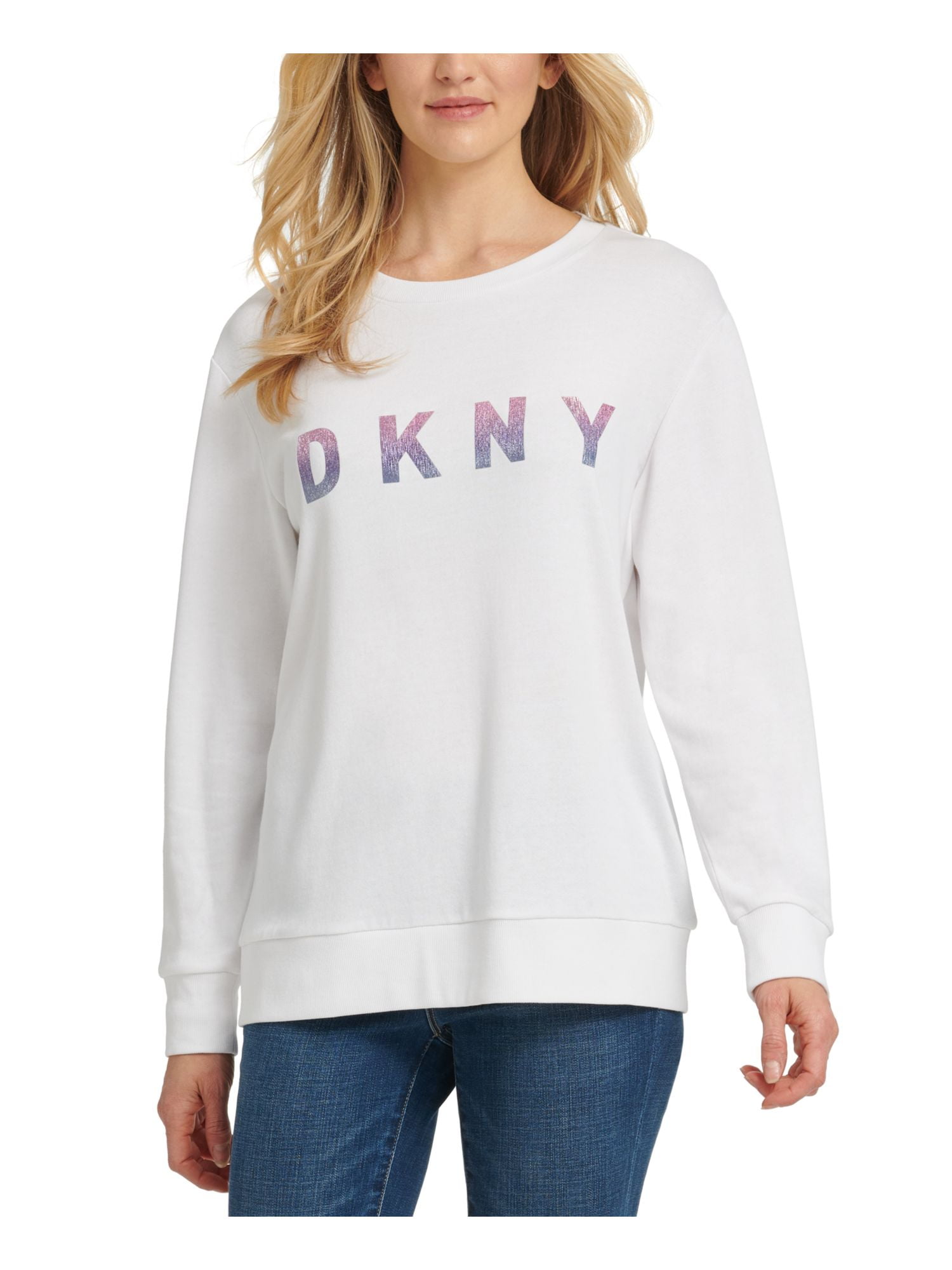 DKNY Womens White Glitter Printed Long Sleeve Jewel Neck T-Shirt L