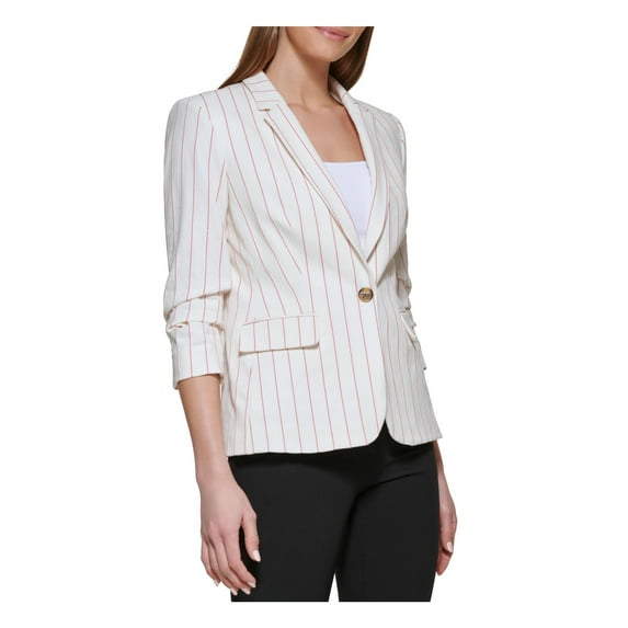 DKNY Womens White Ruched Pocketed Shoulder Pads Pinstripe Wear To Work Blazer Jacket Petites 10P
