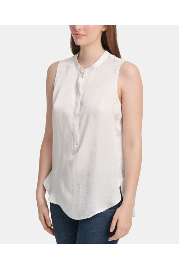 Womens White Sleeveless Mandarin Collar Hi-Lo Top Size: M