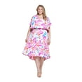 thumbnail image 1 of DKNY Womens White Smocked Pullover Lined Hi Lo Hem Printed Flutter Sleeve V Neck Midi Fit + Flare Dress Plus 18W, 1 of 4