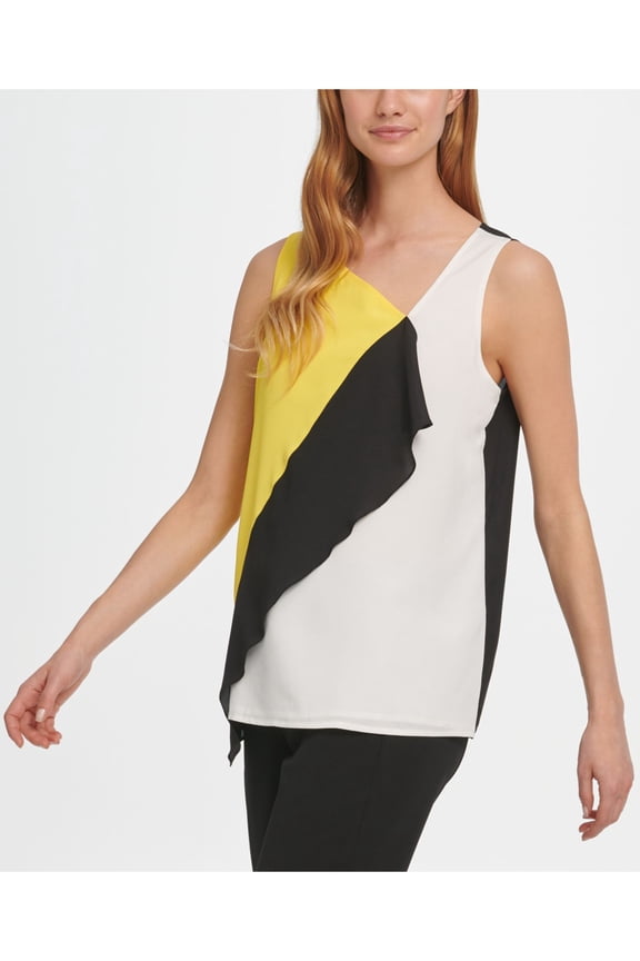 Womens Yellow Color Block Sleeveless V Neck Top Size: S