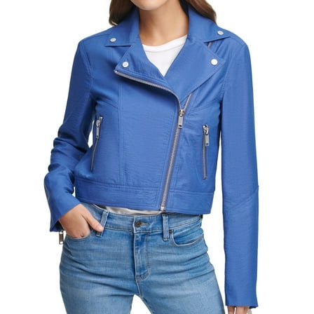 DKNY Womens Zipper Motorcycle Jacket, Blue, Medium