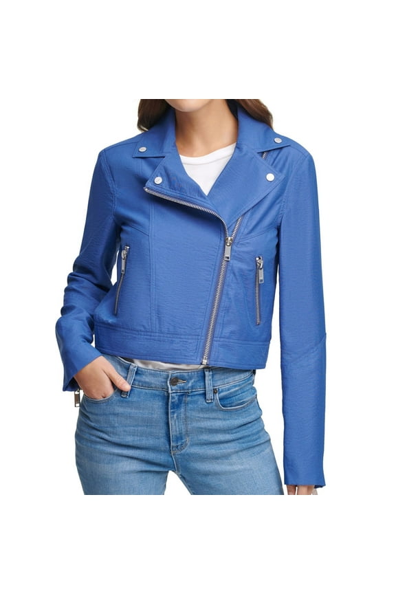Womens Zipper Motorcycle Jacket, Blue, Medium