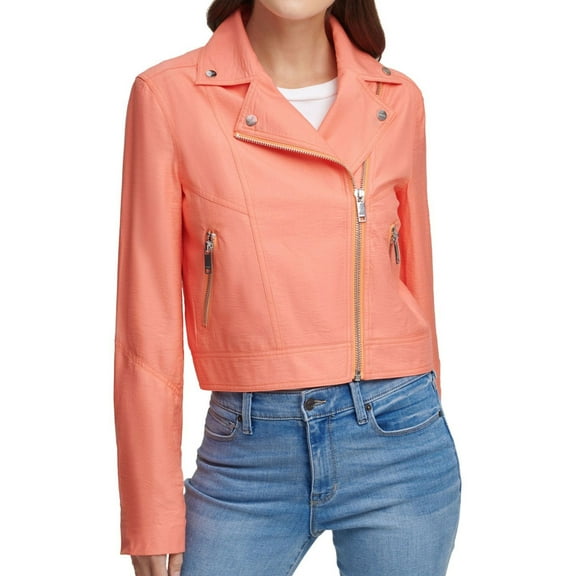 DKNY Womens Zipper Motorcycle Jacket, Orange, XX-Small