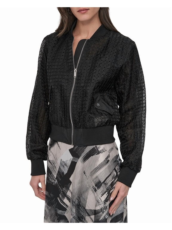 womens Eyelet Organza Bomber Jacket, XL, Black