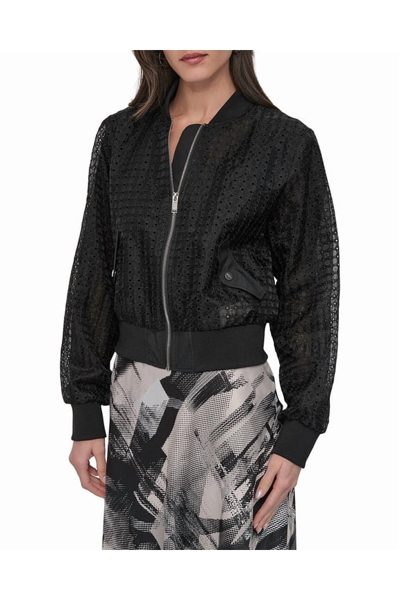 womens Circle Eyelet Organza Jacket, xs, Black